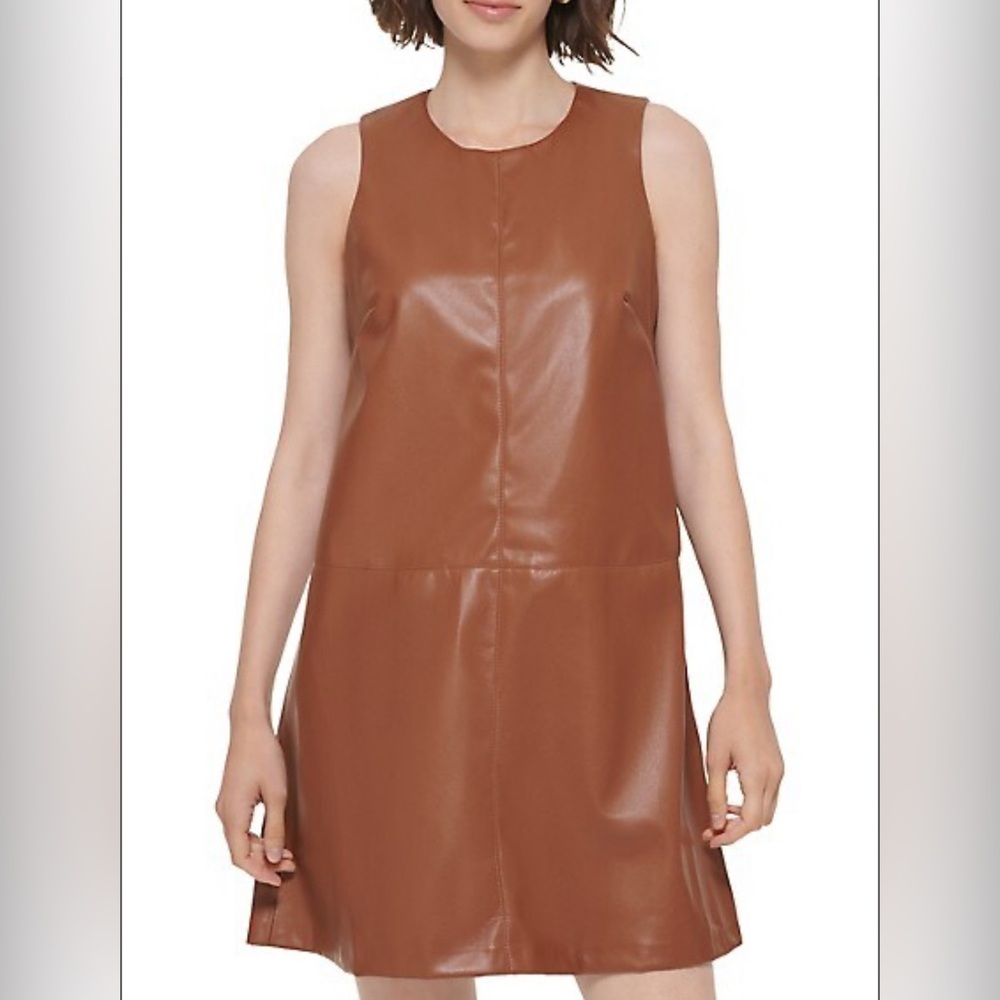 Calvin Klein Brown Faux Leather Sleeveless Dress